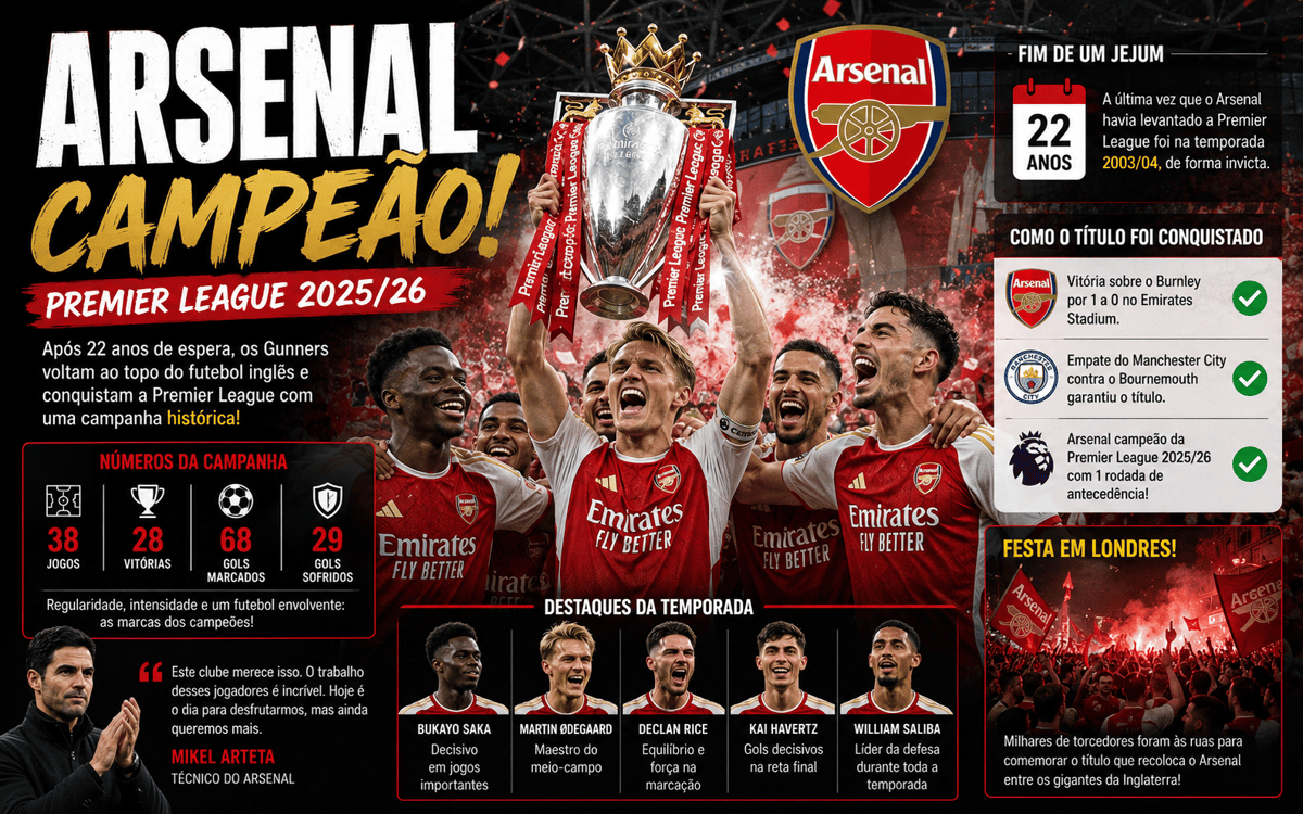 Arsenal volta ao topo e conquista a Premier League 2025/26
